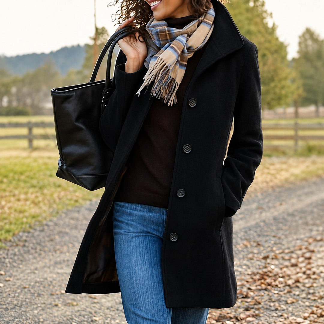 Women's textured mid-length button coat with lapel collar and side pockets