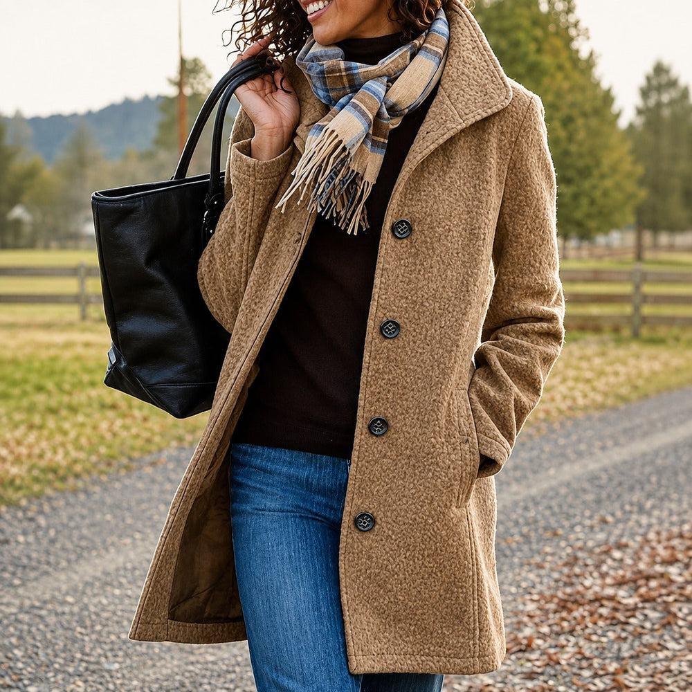 Women's textured mid-length button coat with lapel collar and side pockets