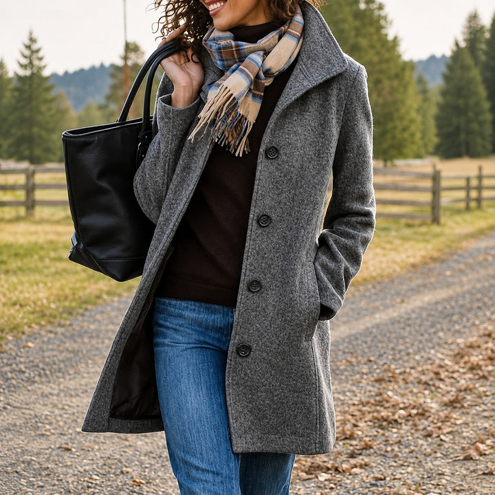 Women's textured mid-length button coat with lapel collar and side pockets