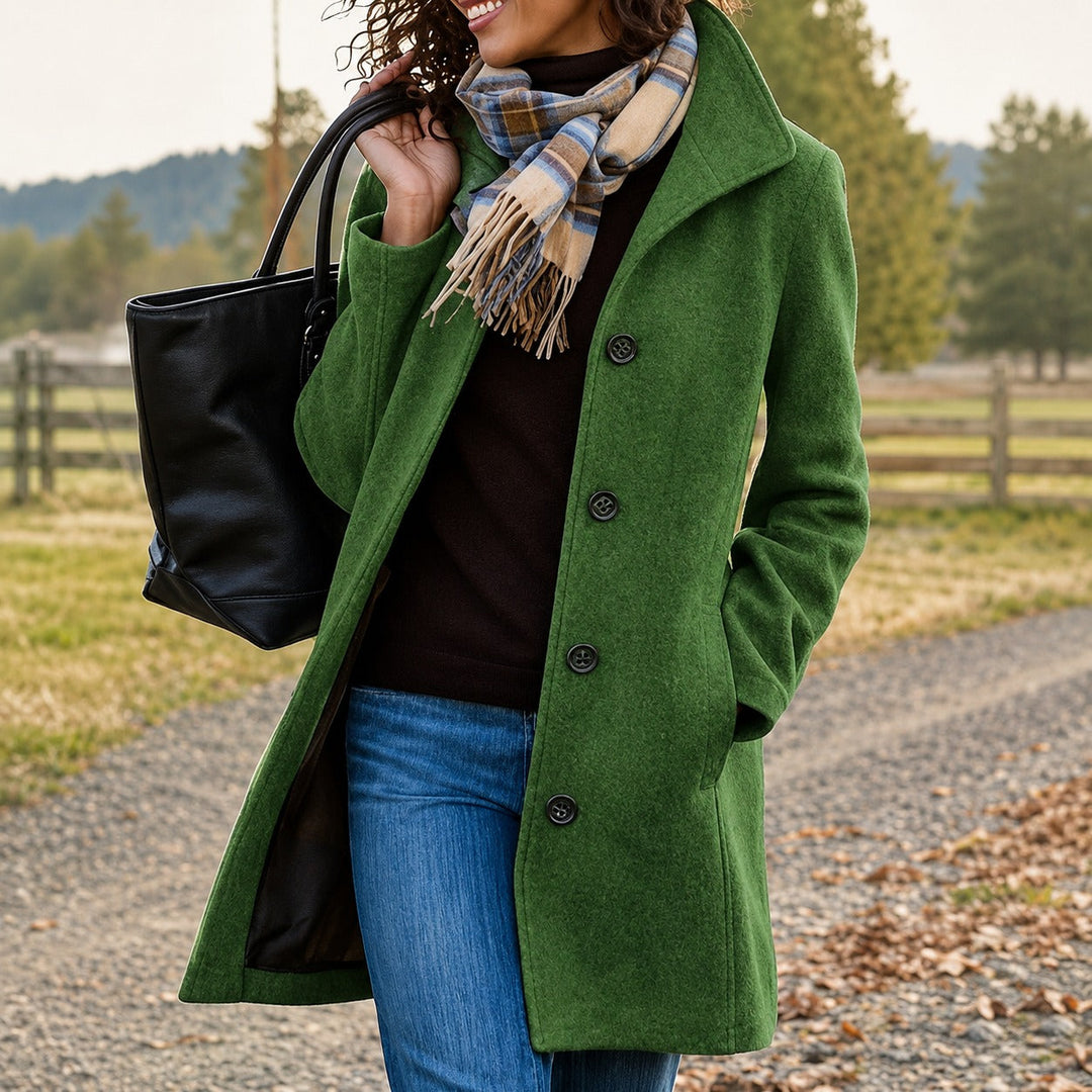 Women's textured mid-length button coat with lapel collar and side pockets