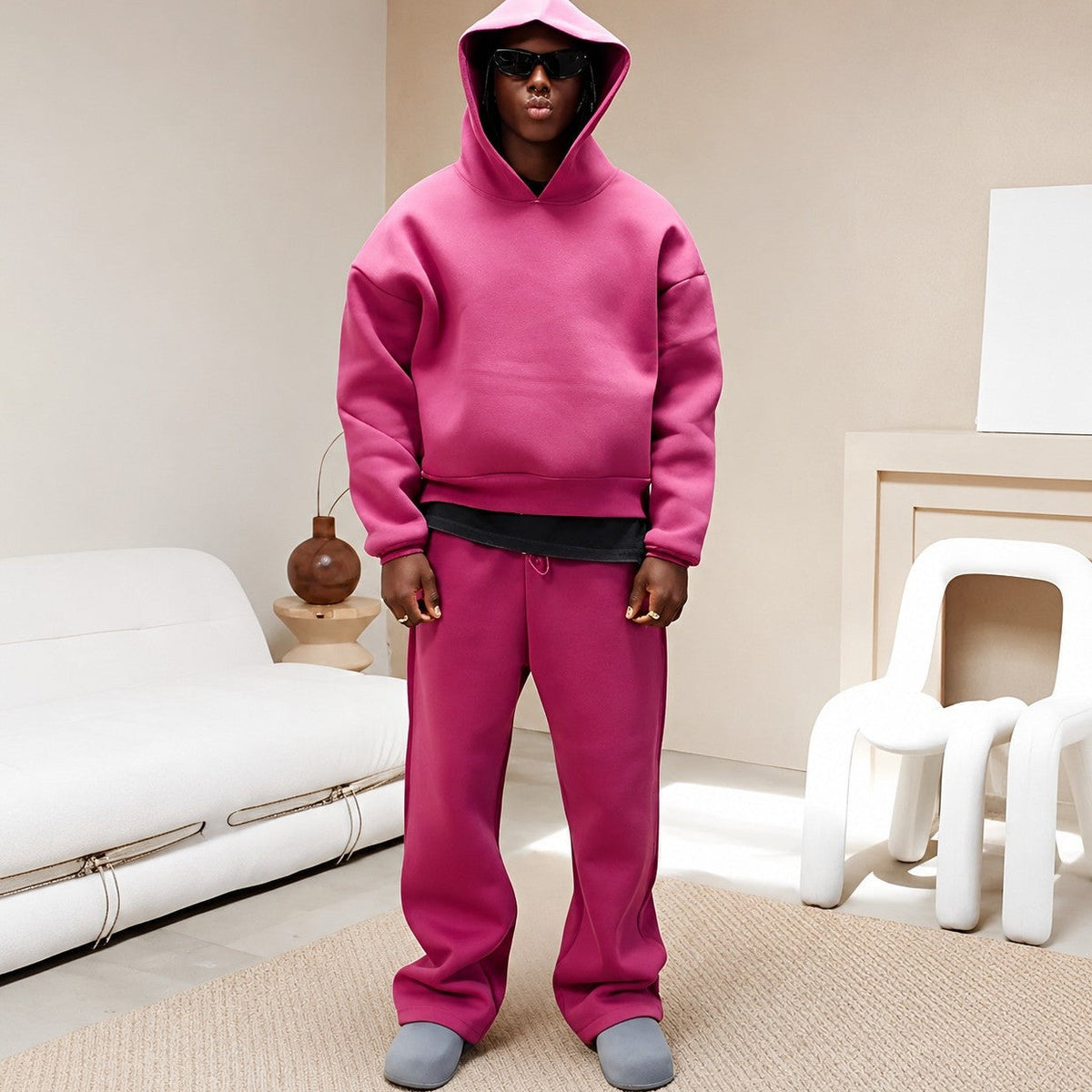 Men's hooded sweatshirt and jogger set with relaxed trousers