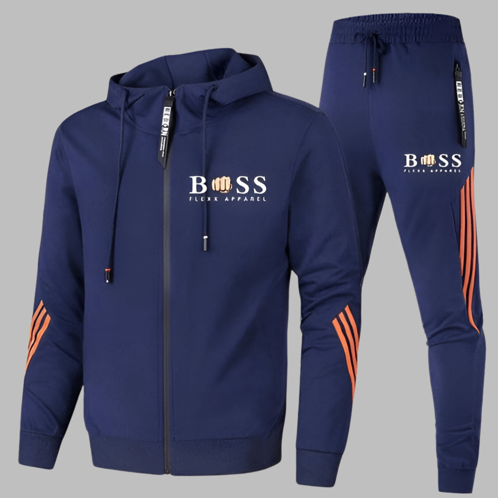 Men's hooded zip tracksuit set with jogger trousers and contrast stripe details