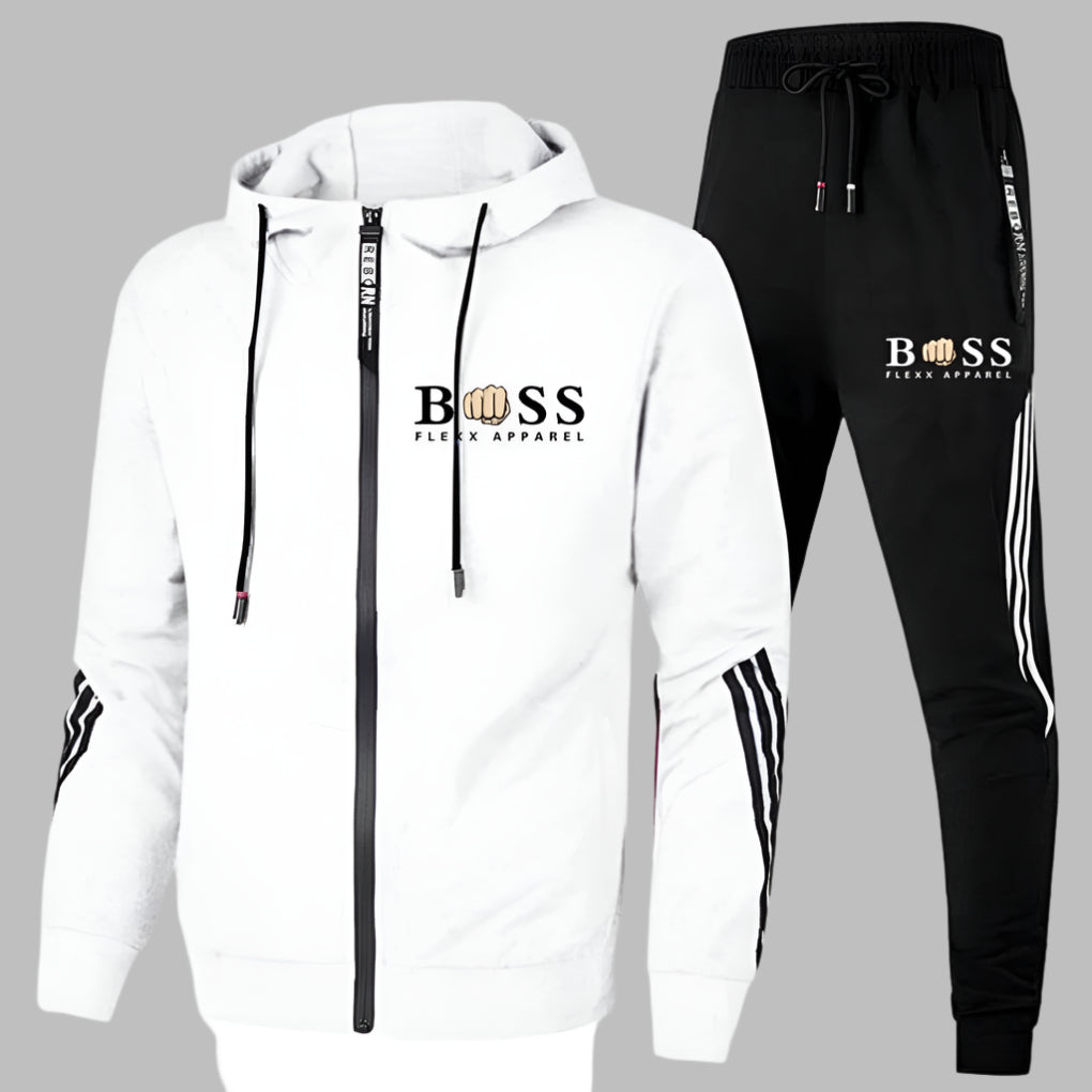 Men's hooded zip tracksuit set with jogger trousers and contrast stripe details
