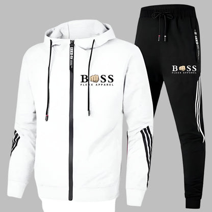 Men's hooded zip tracksuit set with jogger trousers and contrast stripe details