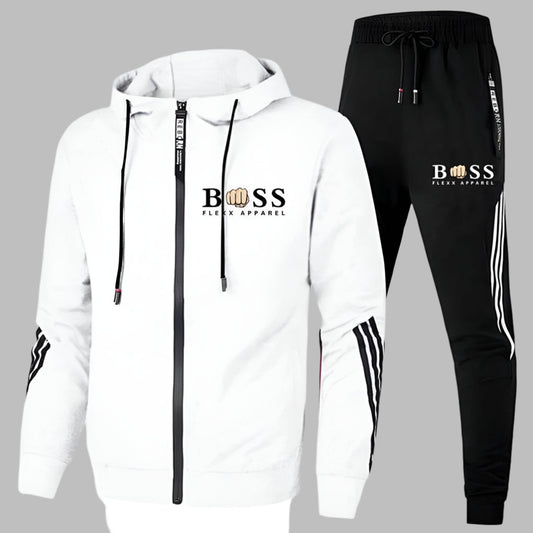 Men's hooded zip tracksuit set with jogger trousers and contrast stripe details