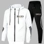 Men's hooded zip tracksuit set with jogger trousers and contrast stripe details