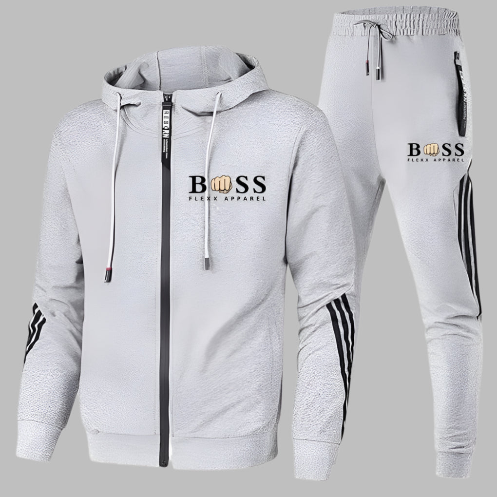 Men's hooded zip tracksuit set with jogger trousers and contrast stripe details