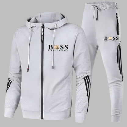 Men's hooded zip tracksuit set with jogger trousers and contrast stripe details
