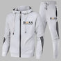 Men's hooded zip tracksuit set with jogger trousers and contrast stripe details