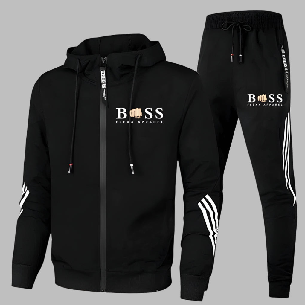 Men's hooded zip tracksuit set with jogger trousers and contrast stripe details