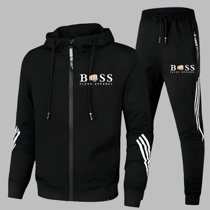 Men's hooded zip tracksuit set with jogger trousers and contrast stripe details