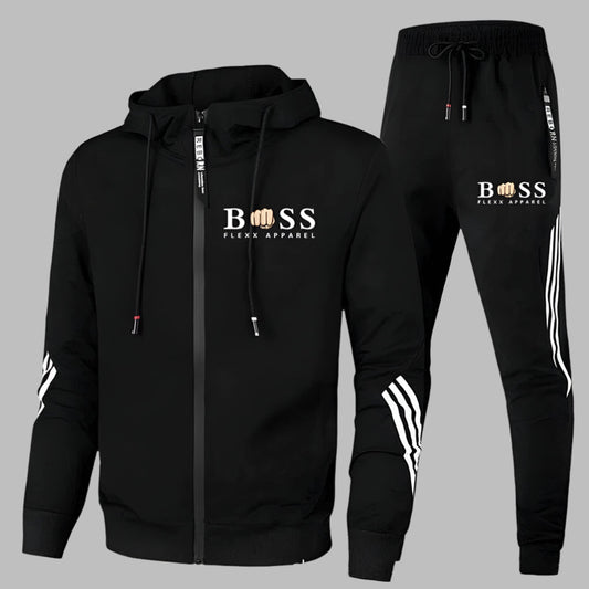Men's hooded zip tracksuit set with jogger trousers and contrast stripe details