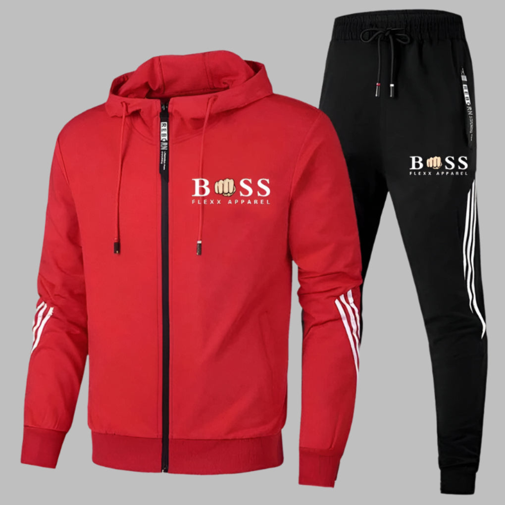 Men's hooded zip tracksuit set with jogger trousers and contrast stripe details