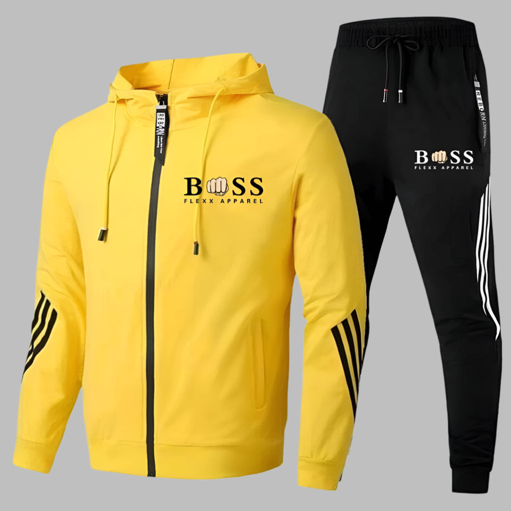 Men's hooded zip tracksuit set with jogger trousers and contrast stripe details