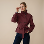 Women's belted double-breasted trench coat with high collar and long sleeves