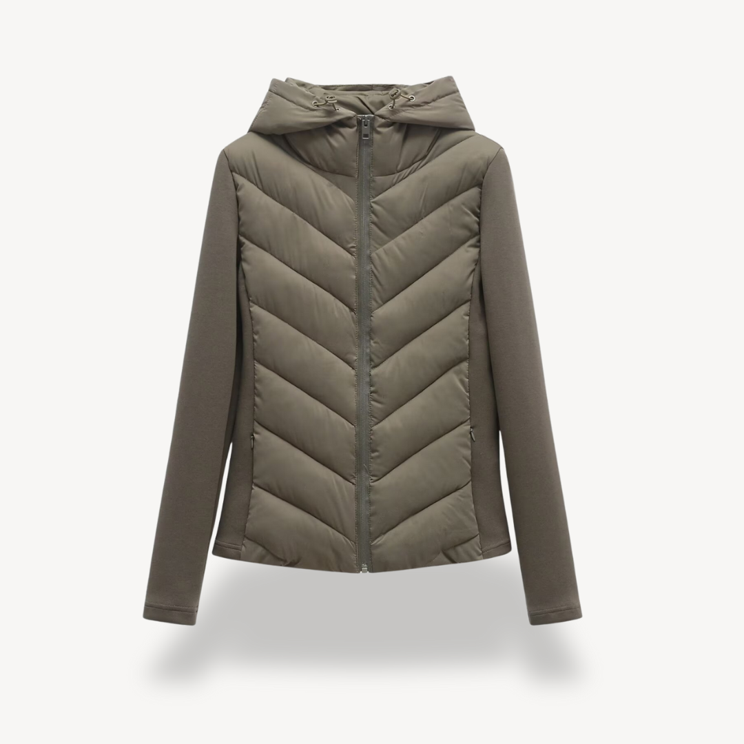 Women's hooded quilted jacket with chevron stitching and zip front