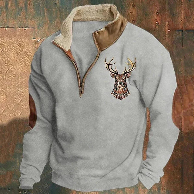 Men's quarter-zip pullover with embroidered deer motif and mock collar