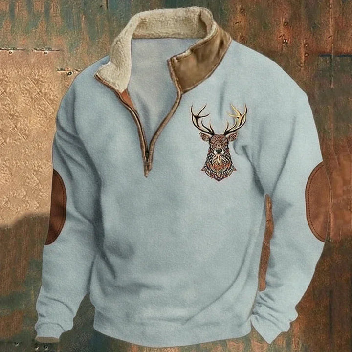 Men's quarter-zip pullover with deer chest embroidery