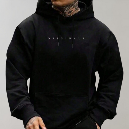 Men's long-sleeved pullover hoodie with drawstring hood and front pouch pocket