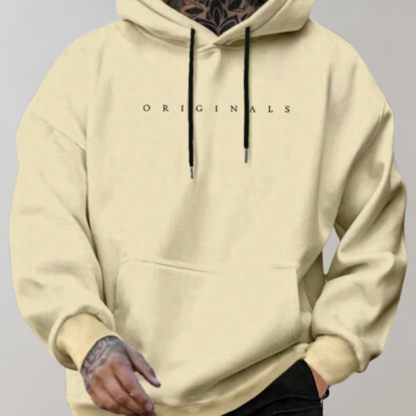 Men's long-sleeved pullover hoodie with drawstring hood and front pouch pocket