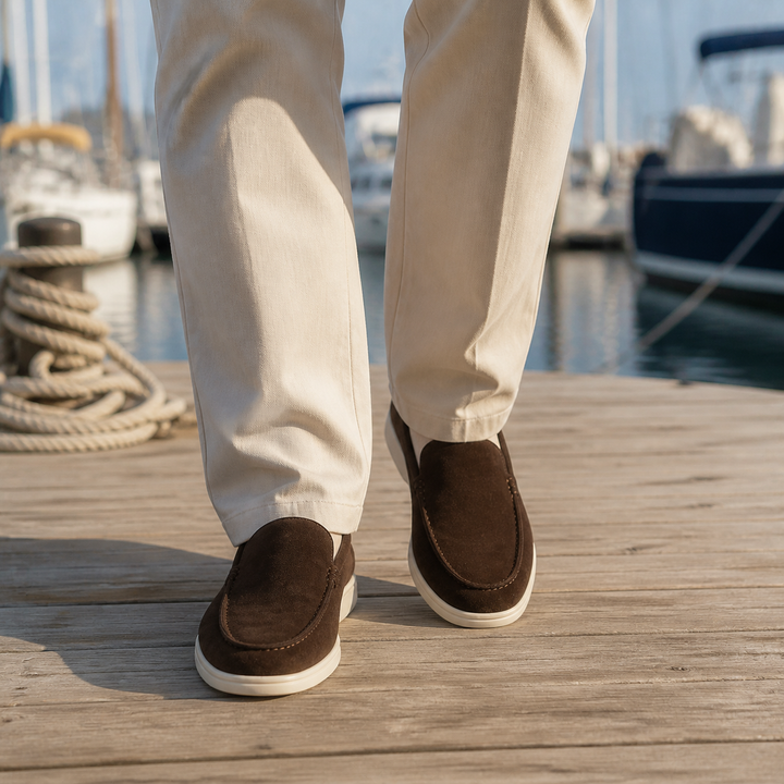 Men's rounded-toe slip-on loafers with moc-toe stitching and contrasting soles