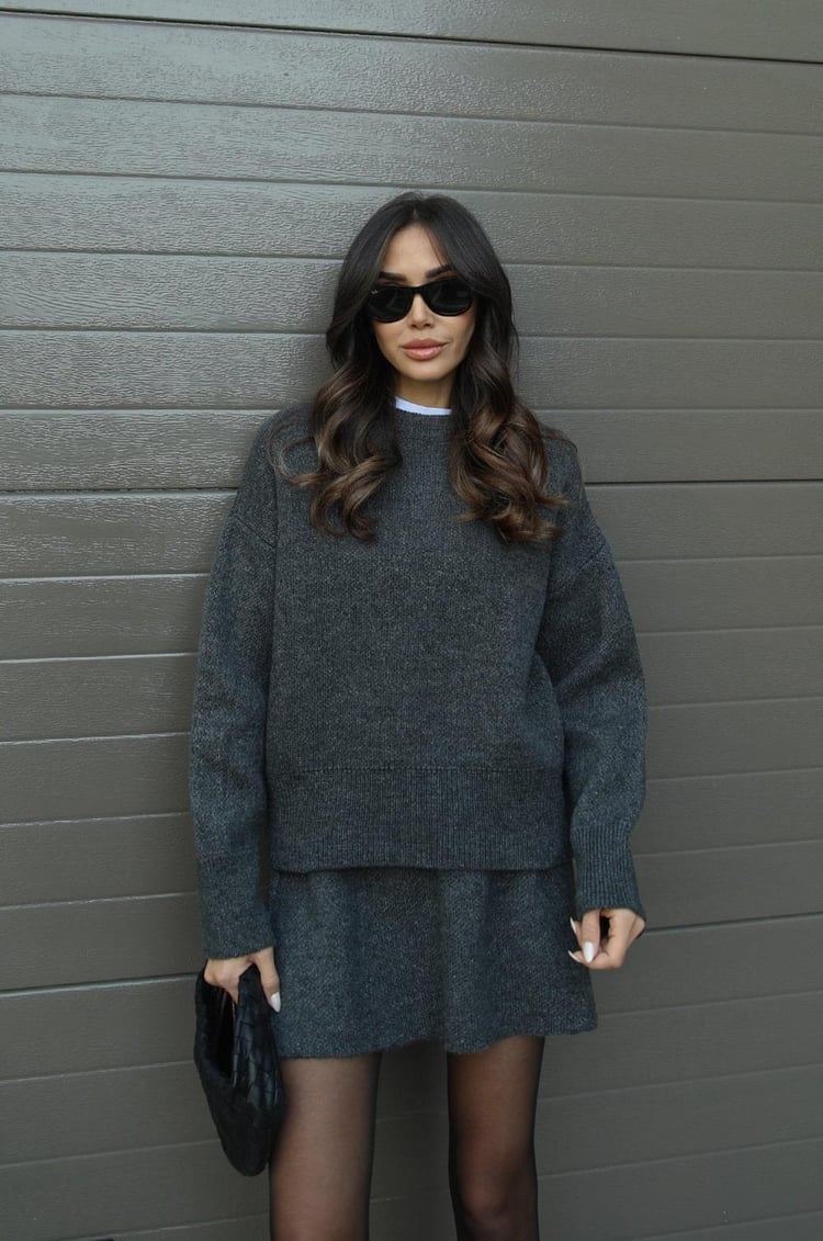 Women's long-sleeve knit sweater and short skirt set
