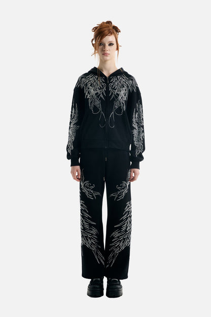 Women's black zip-up hoodie with silver rhinestone wing designs