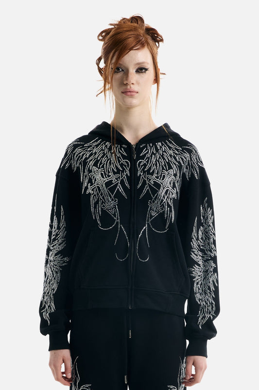 Women's black zip-up hoodie with silver rhinestone wing designs