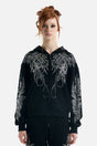 Women's black zip-up hoodie with silver rhinestone wing designs