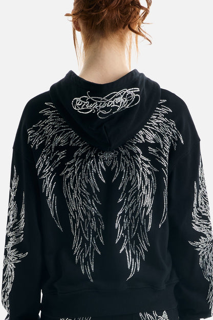 Women's black zip-up hoodie with silver rhinestone wing designs