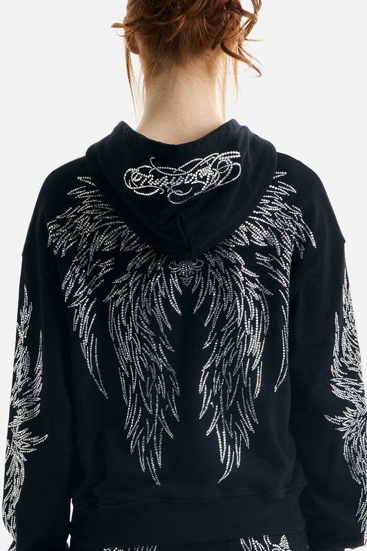 Women's black zip-up hoodie with silver rhinestone wing designs