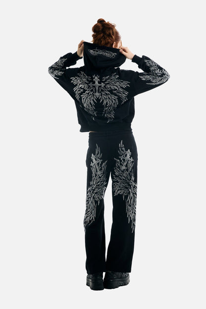 Women's black zip-up hoodie with silver rhinestone wing designs