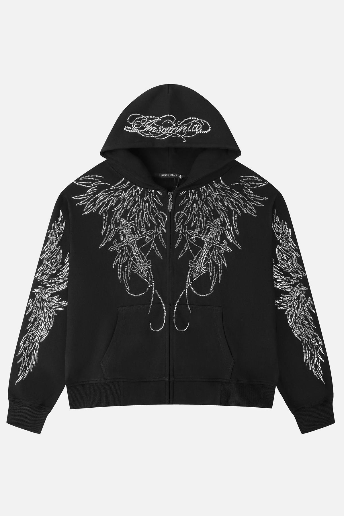 Women's black zip-up hoodie with silver rhinestone wing designs