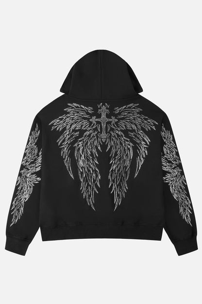 Women's black zip-up hoodie with silver rhinestone wing designs