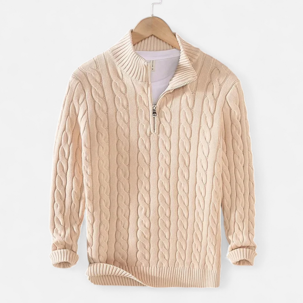 Men's cable-knit quarter-zip sweater with mock neck and long sleeves