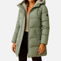Women's hooded quilted puffer jacket with long sleeves and front pockets