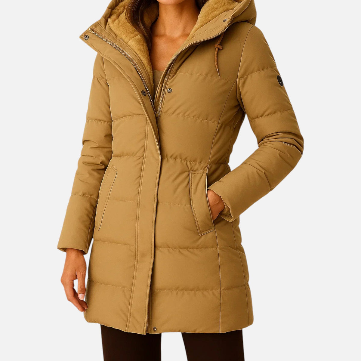 Women's hooded quilted puffer jacket with long sleeves and front pockets