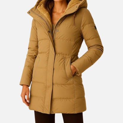 Women's hooded quilted puffer jacket with long sleeves and front pockets