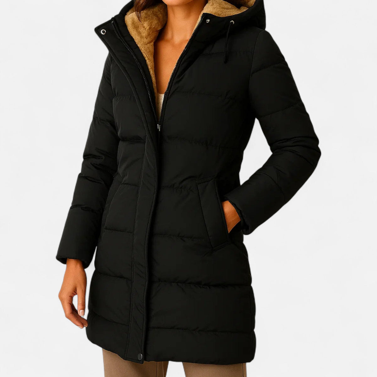 Women's hooded quilted puffer jacket with long sleeves and front pockets