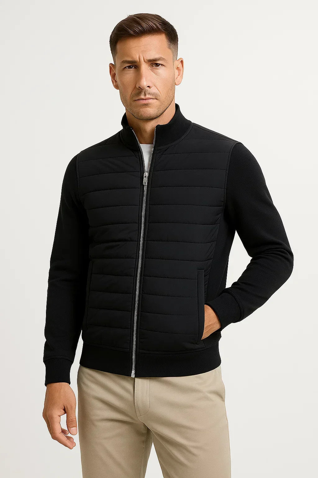 Men's hybrid jacket with quilted front, mock neck and long sleeves