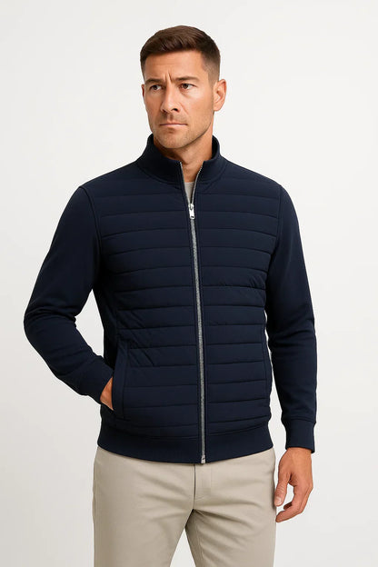Men's hybrid jacket with quilted front, mock neck and long sleeves