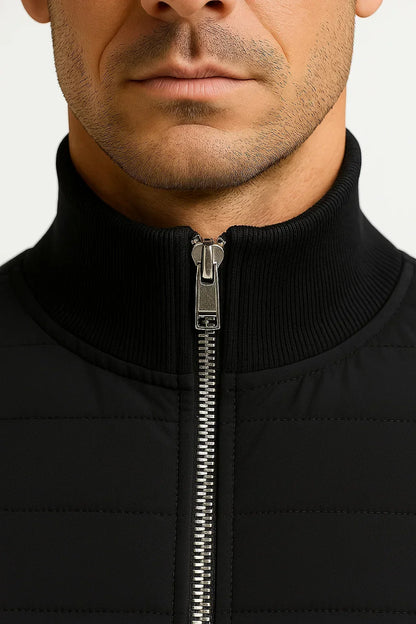Men's hybrid jacket with quilted front, mock neck and long sleeves