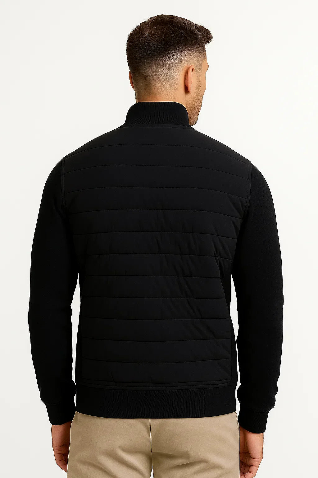 Men's hybrid jacket with quilted front, mock neck and long sleeves