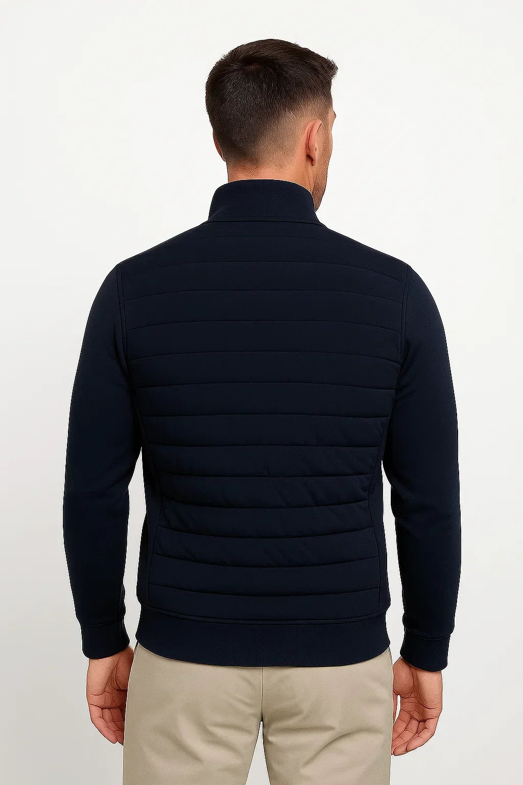 Men's hybrid jacket with quilted front, mock neck and long sleeves