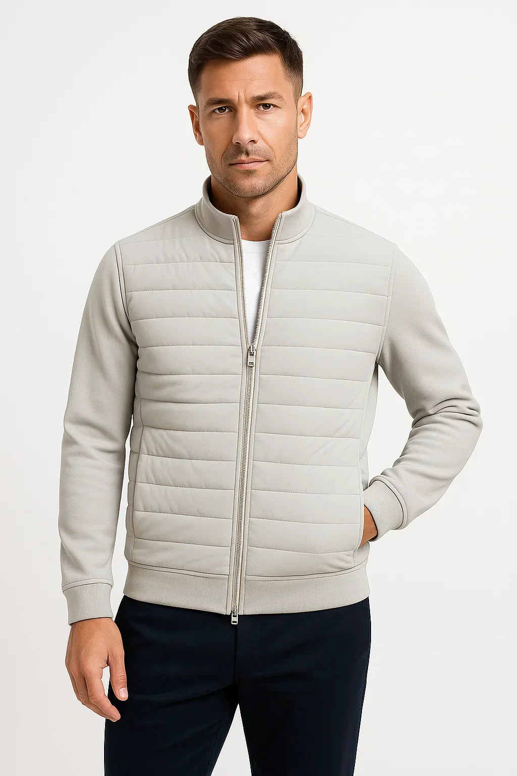 Men's hybrid jacket with quilted front, mock neck and long sleeves