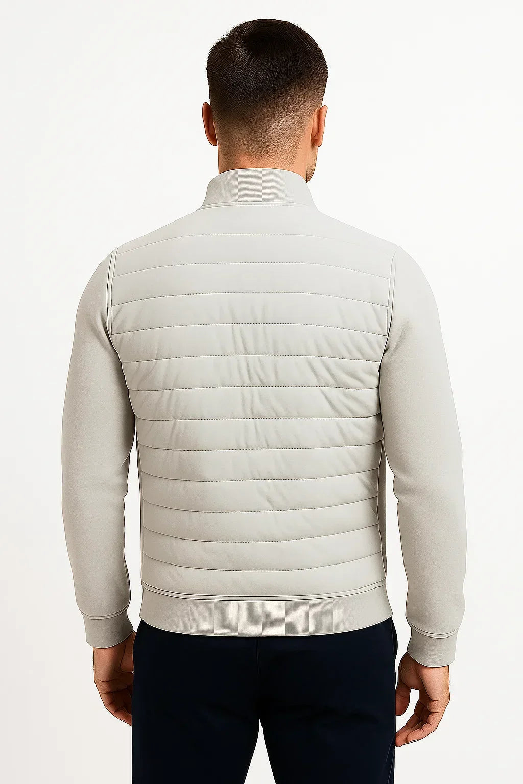 Men's hybrid jacket with quilted front, mock neck and long sleeves