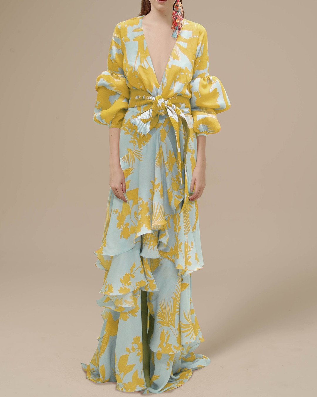 Women's Floral Wrap Maxi Dress — V-Neck Tie-Waist Balloon-Sleeve Ruffle-Hem Dress