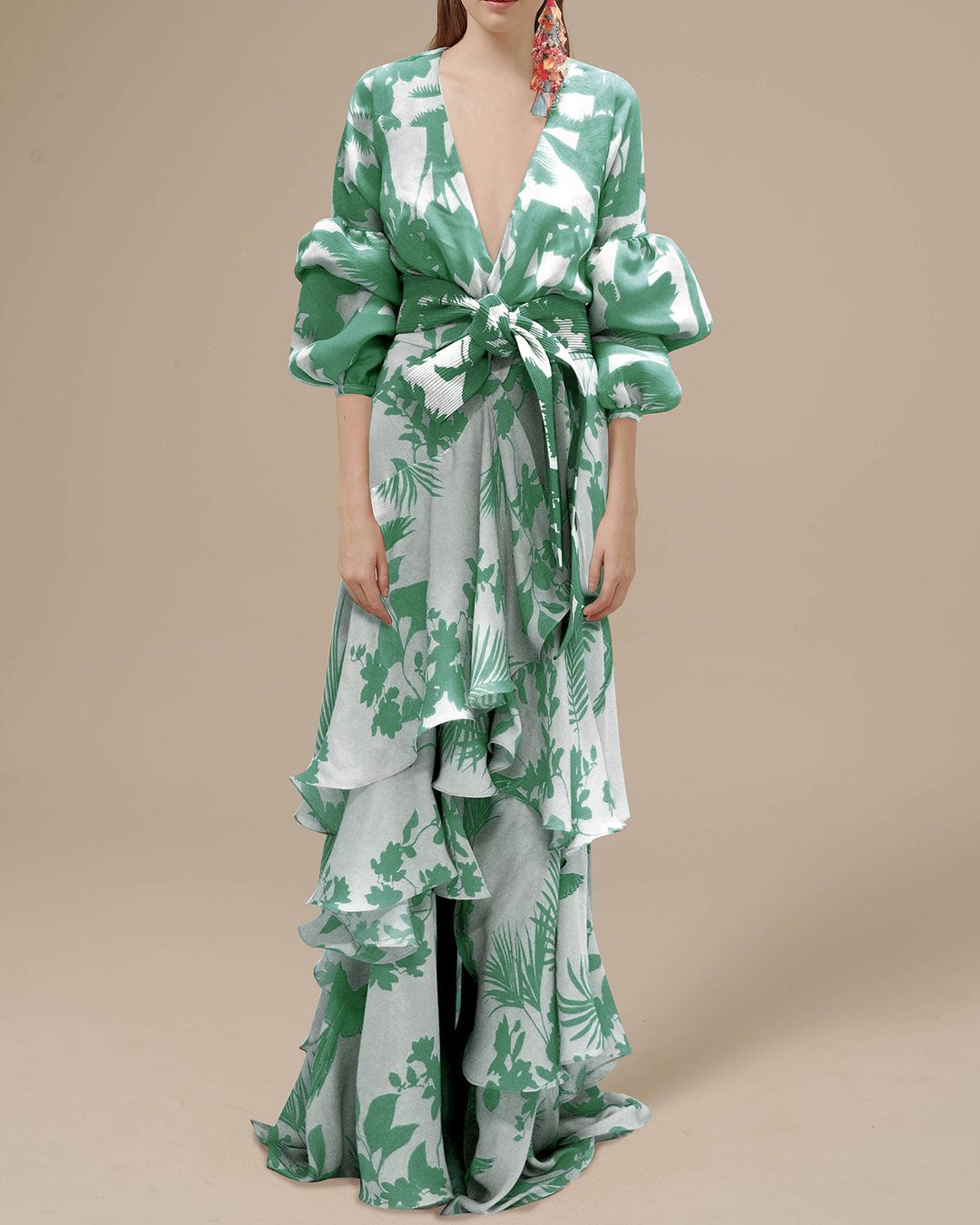 Women's Floral Wrap Maxi Dress — V-Neck Tie-Waist Balloon-Sleeve Ruffle-Hem Dress