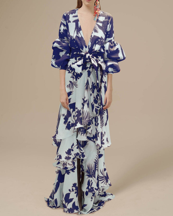 Women's Floral Wrap Maxi Dress — V-Neck Tie-Waist Balloon-Sleeve Ruffle-Hem Dress