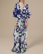 Women's Floral Wrap Maxi Dress — V-Neck Tie-Waist Balloon-Sleeve Ruffle-Hem Dress